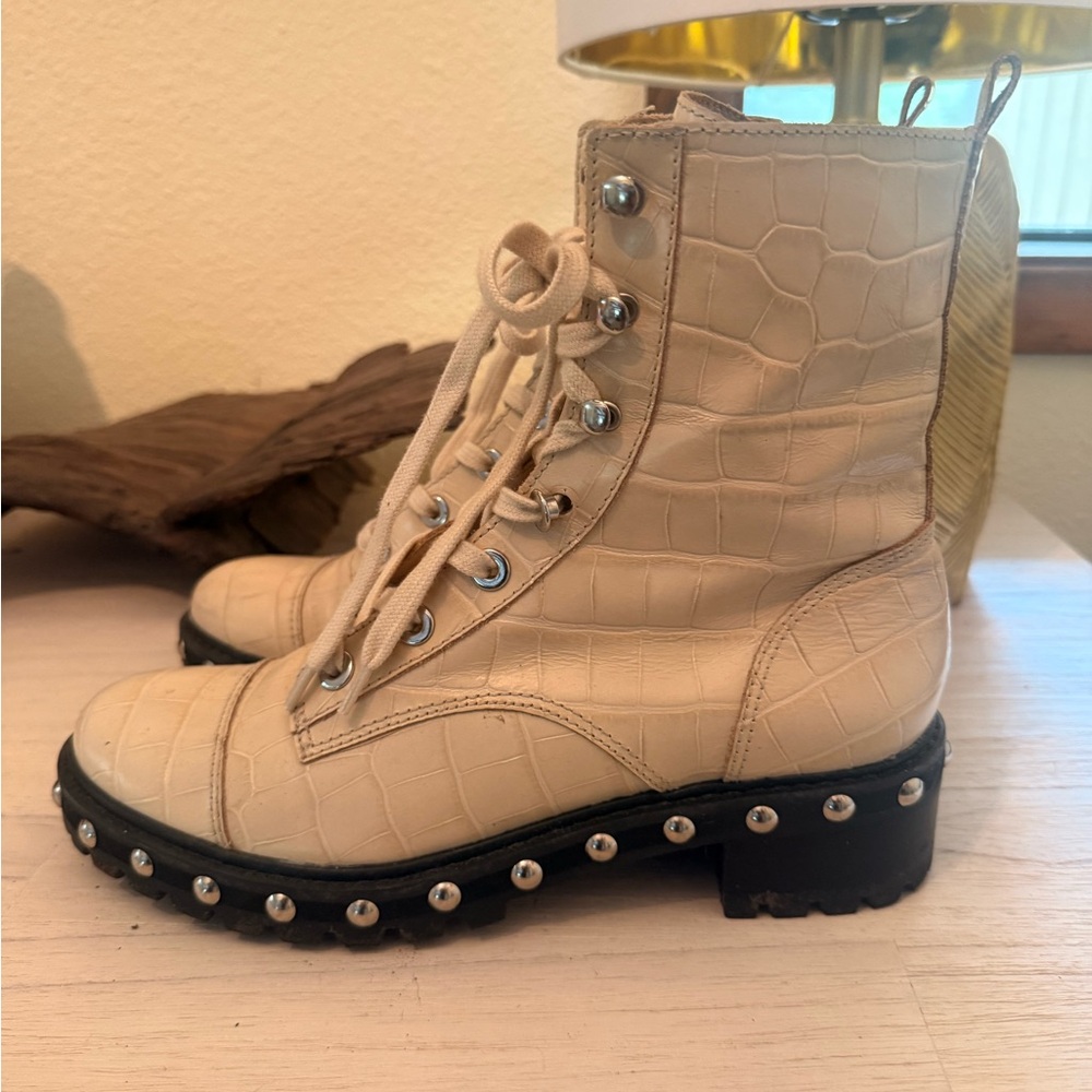 SCHUTZ Cream Croc-Embossed Combat Boots with stud detail - Picture 3 of 9